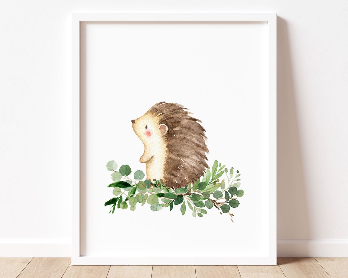 Cute Watercolor Hedgehog Eucalyptus Woodland Nursery Baby Poster