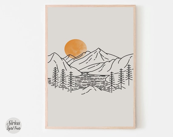 Minimalist Mountain Line Art Landscape Prints Large Scenery Sunrise Forest Sketch Nature Decorsun