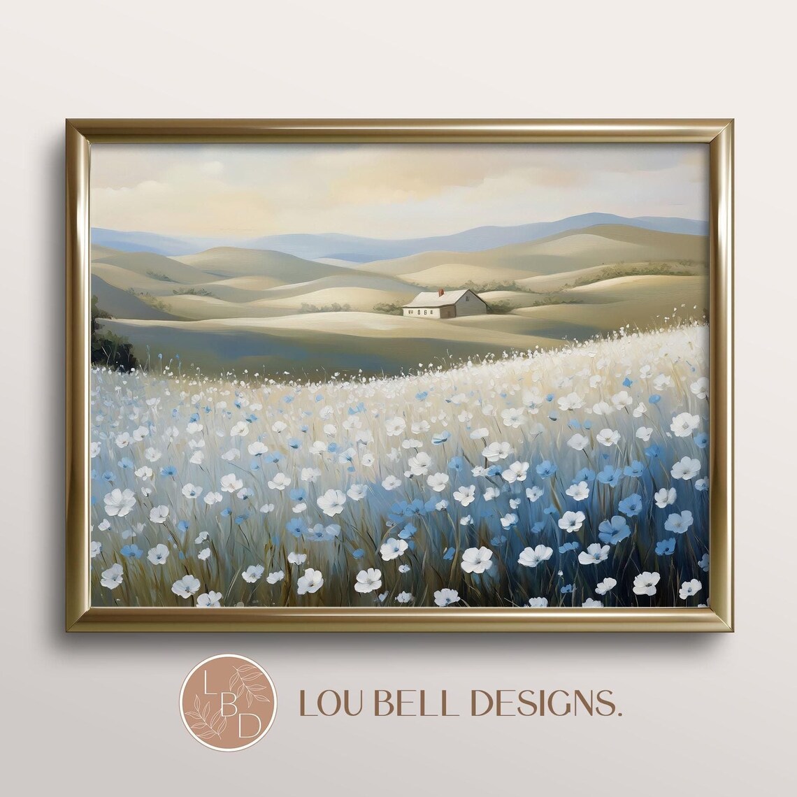 White Blue Wildflower Field Farmhouse Afternoon Light Art Print
