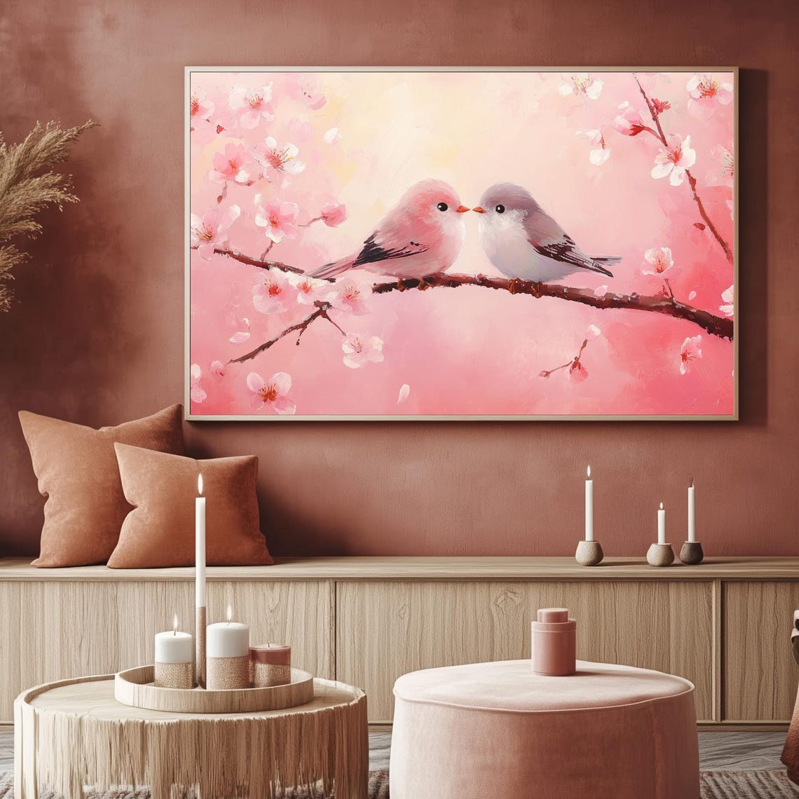Lovebirds Kissing On Cherry Blossom Branch Pink Spring Painting Poster - Image 3