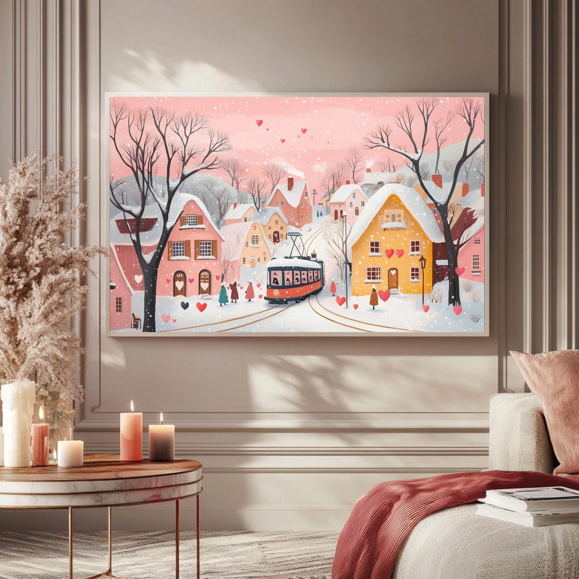 Red Tram In Snowy Pink Village Floating Hearts Romantic Wall Art - Image 5