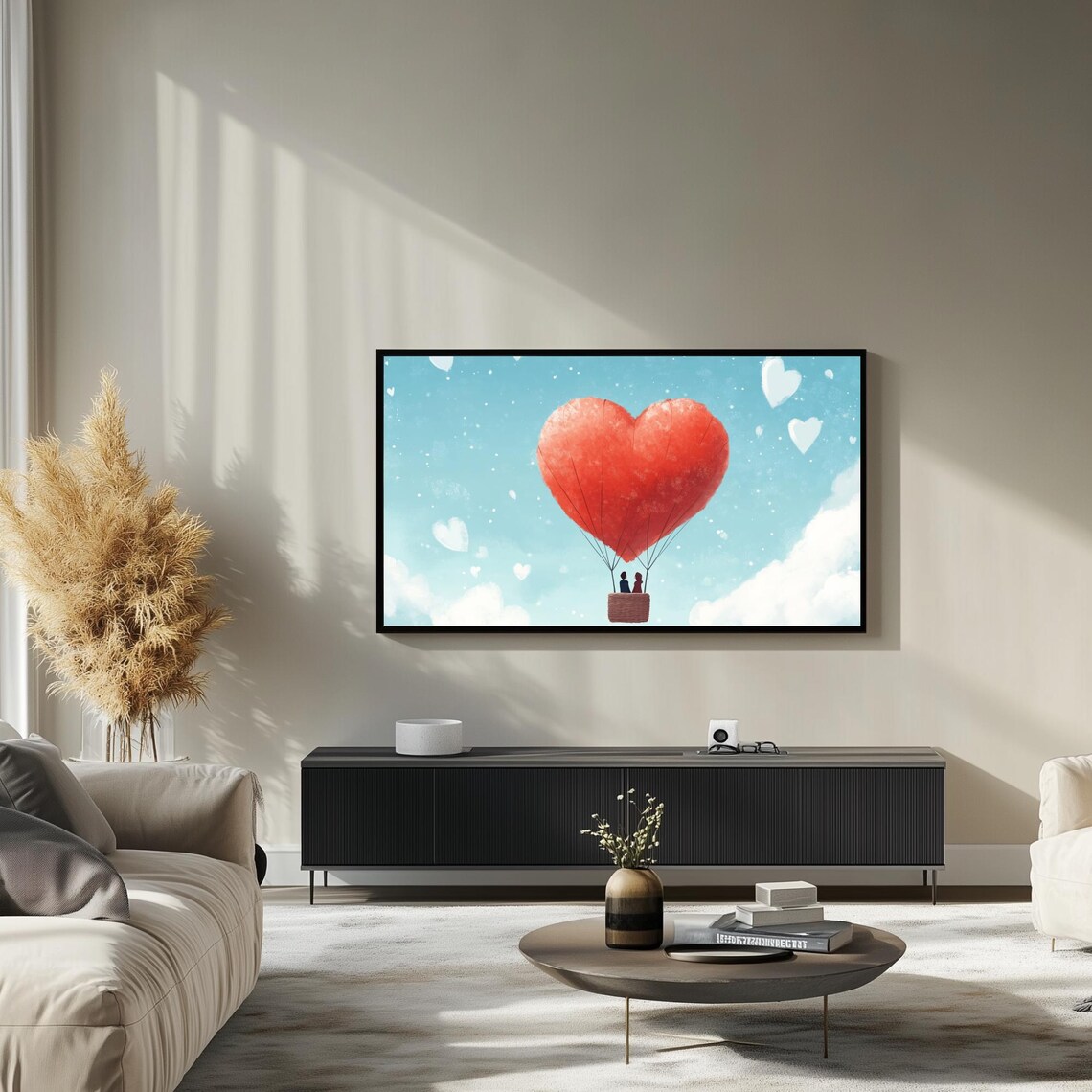 Heart Hot Air Balloon Couple Blue Sky Valentines Day Art TV Poster - Image 3