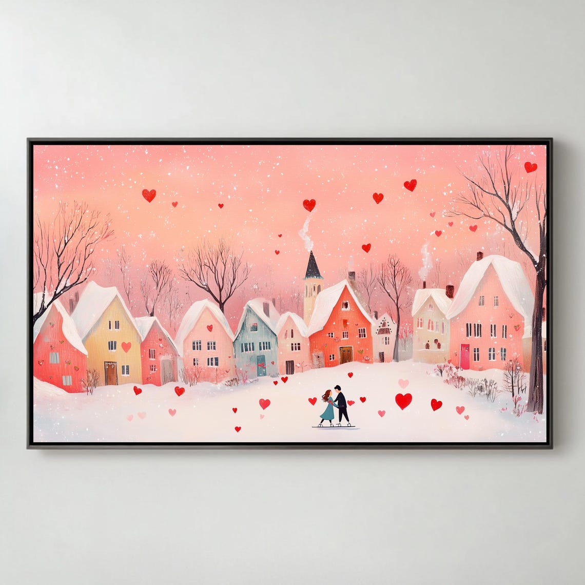 Couple Ice Skating In Snowy Pink Village Hearts Romantic Wall Art
