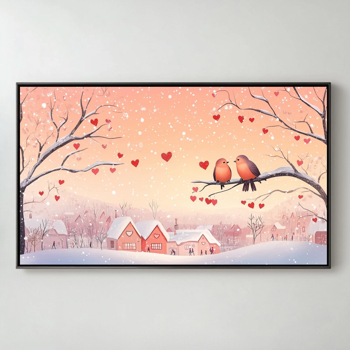 Winter Lovebirds On Snowy Branch Heartfelt Village Sunset Poster