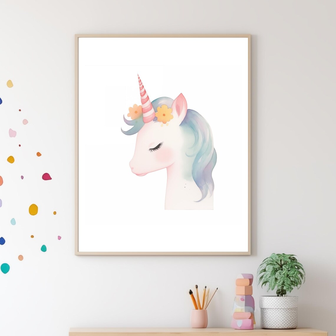 Watercolor Unicorn With Flowers Dreamy Nursery Wall Art Poster