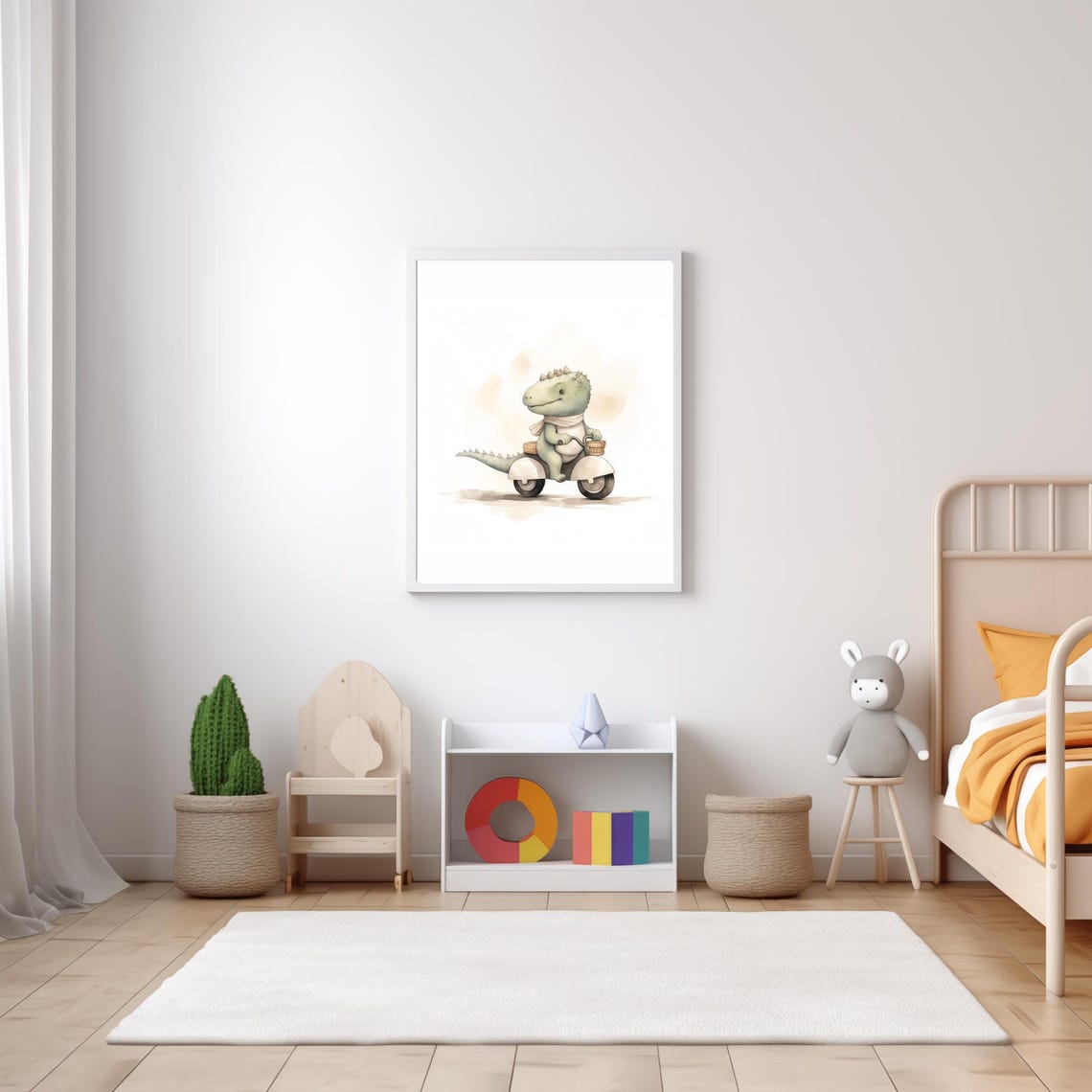 Baby Dinosaur Riding White Scooter With Basket Nursery Wall Art - Image 5