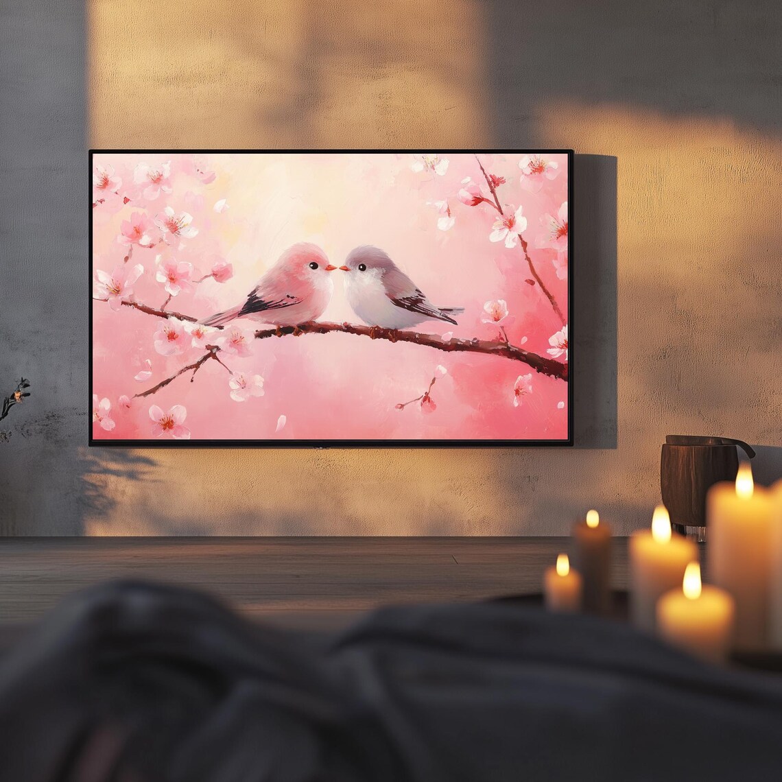 Lovebirds Kissing On Cherry Blossom Branch Pink Spring Painting Poster - Image 4