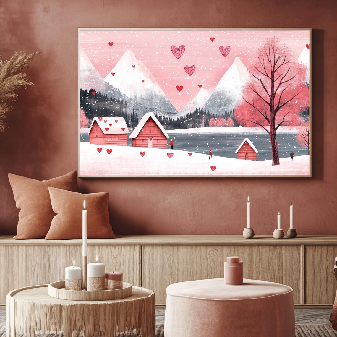Snowy Lakeside Village Red Cabins Pink Mountains Hearts Wall Art - Image 2