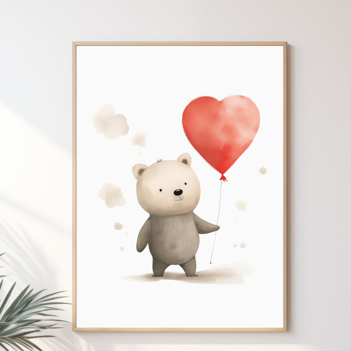 Cute Bear Holding Red Heart Balloon Watercolor Valentine Love Poster