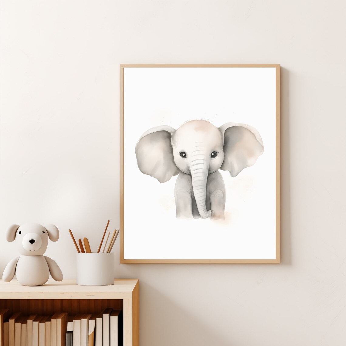 Sweet Baby Elephant Watercolor Portrait White Safari Nursery Wall Art - Image 4