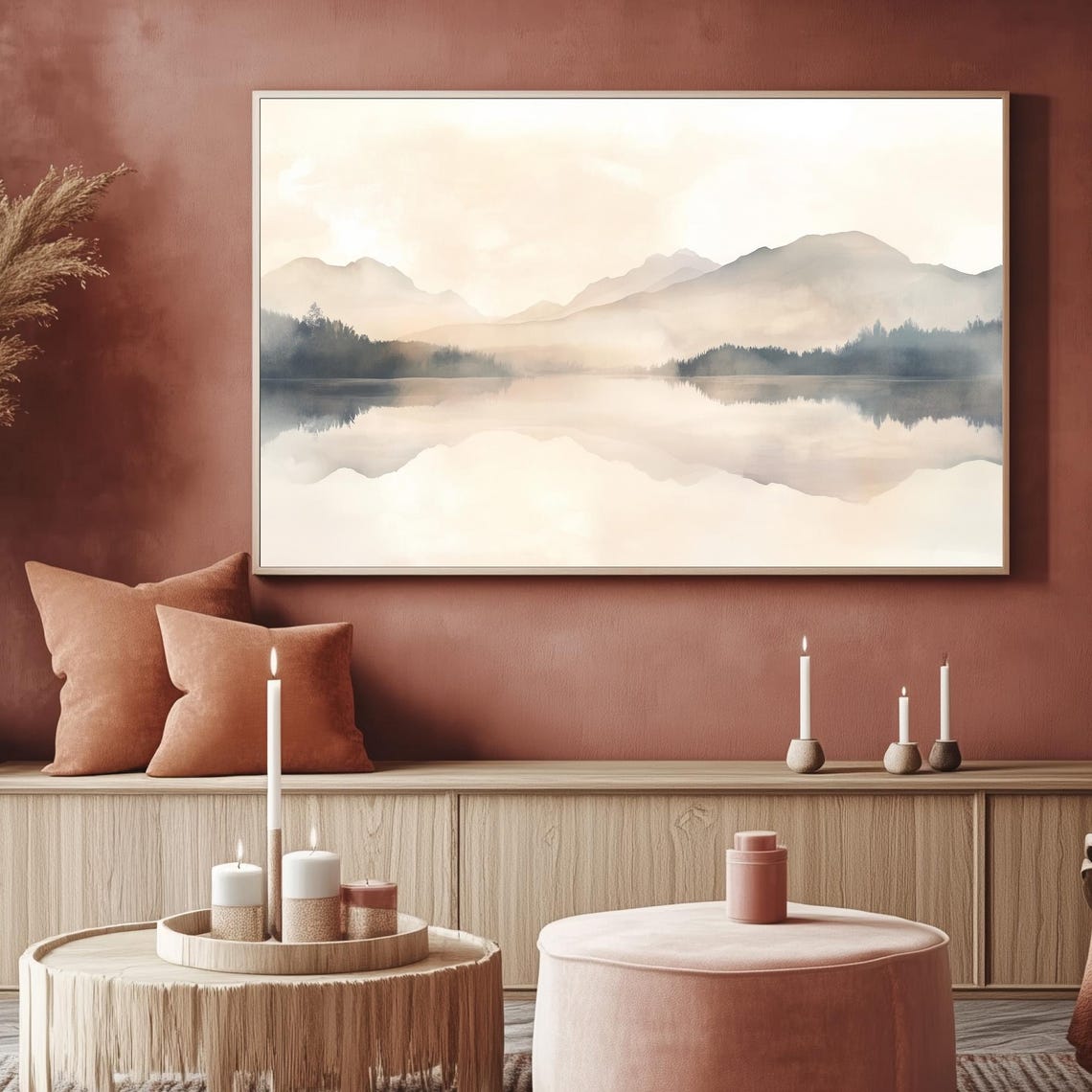 Neutral Mountain Lake Reflection Watercolor Landscape TV Poster - Image 2