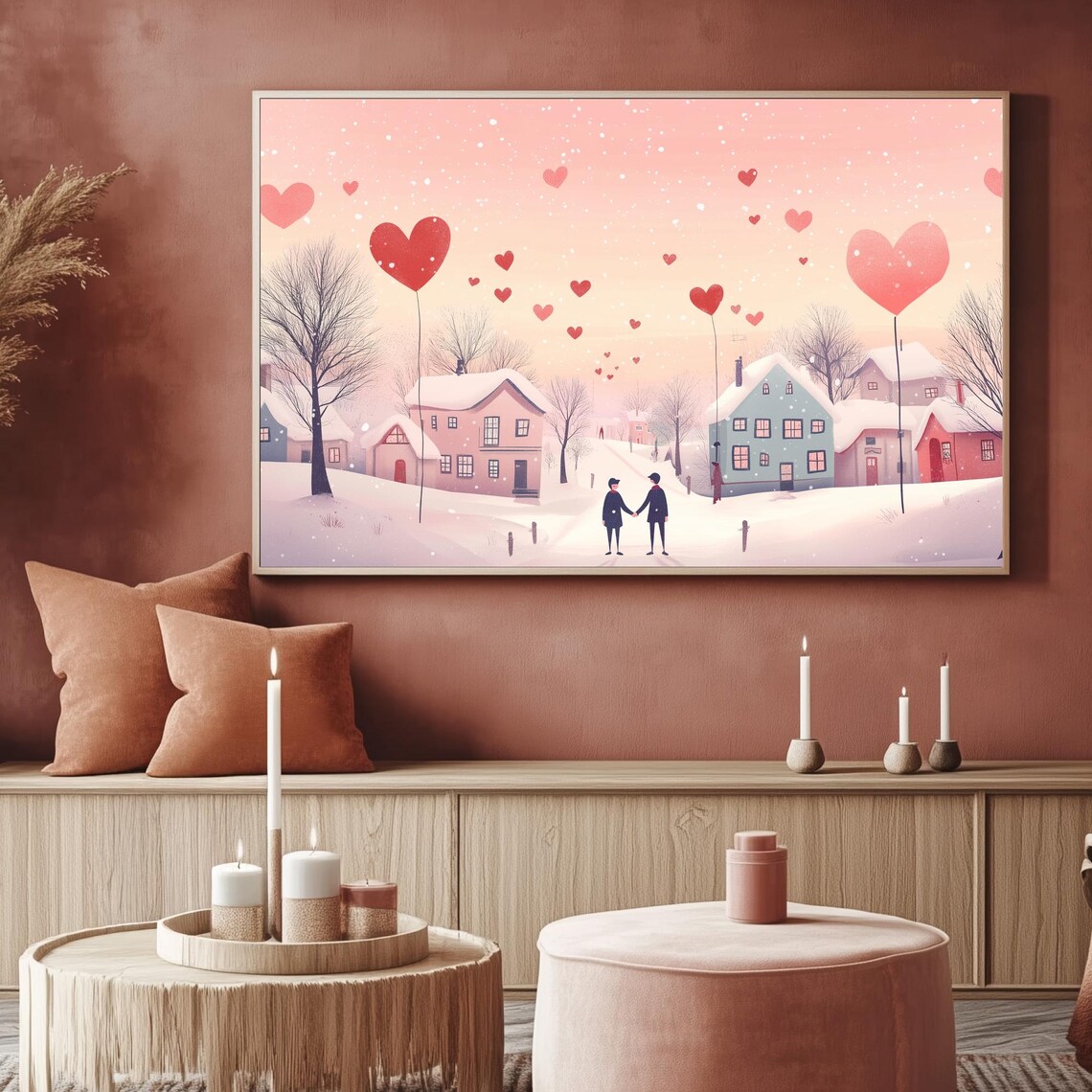 Gay Couple Holding Hands In Snowy Village Heart Balloons Wall Art - Image 2