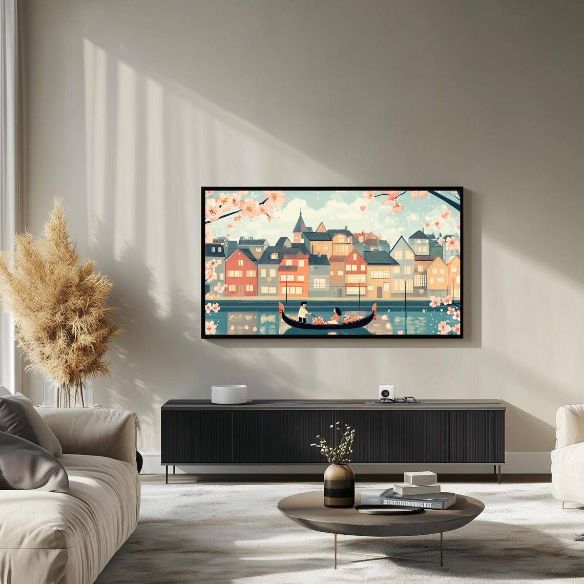 Romantic Couple In Boat On Canal Cherry Blossom Valentine Wall Art - Image 3