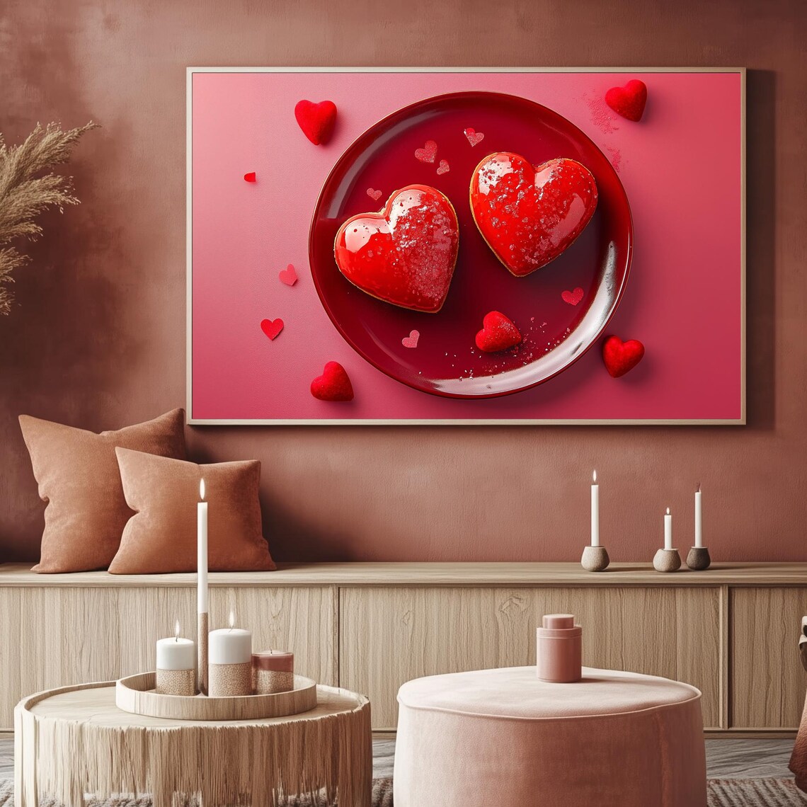 Red Heart Pastries Plate Valentines Day Dessert Art Frame TV Poster - Image 2