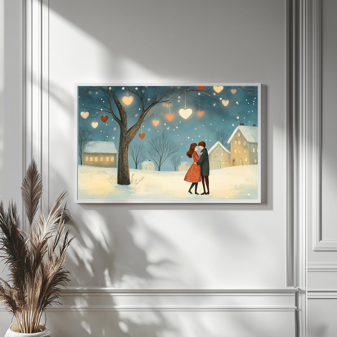 Couple Embracing Under Heart Tree Snowy Night Romantic Wall Art - Image 4