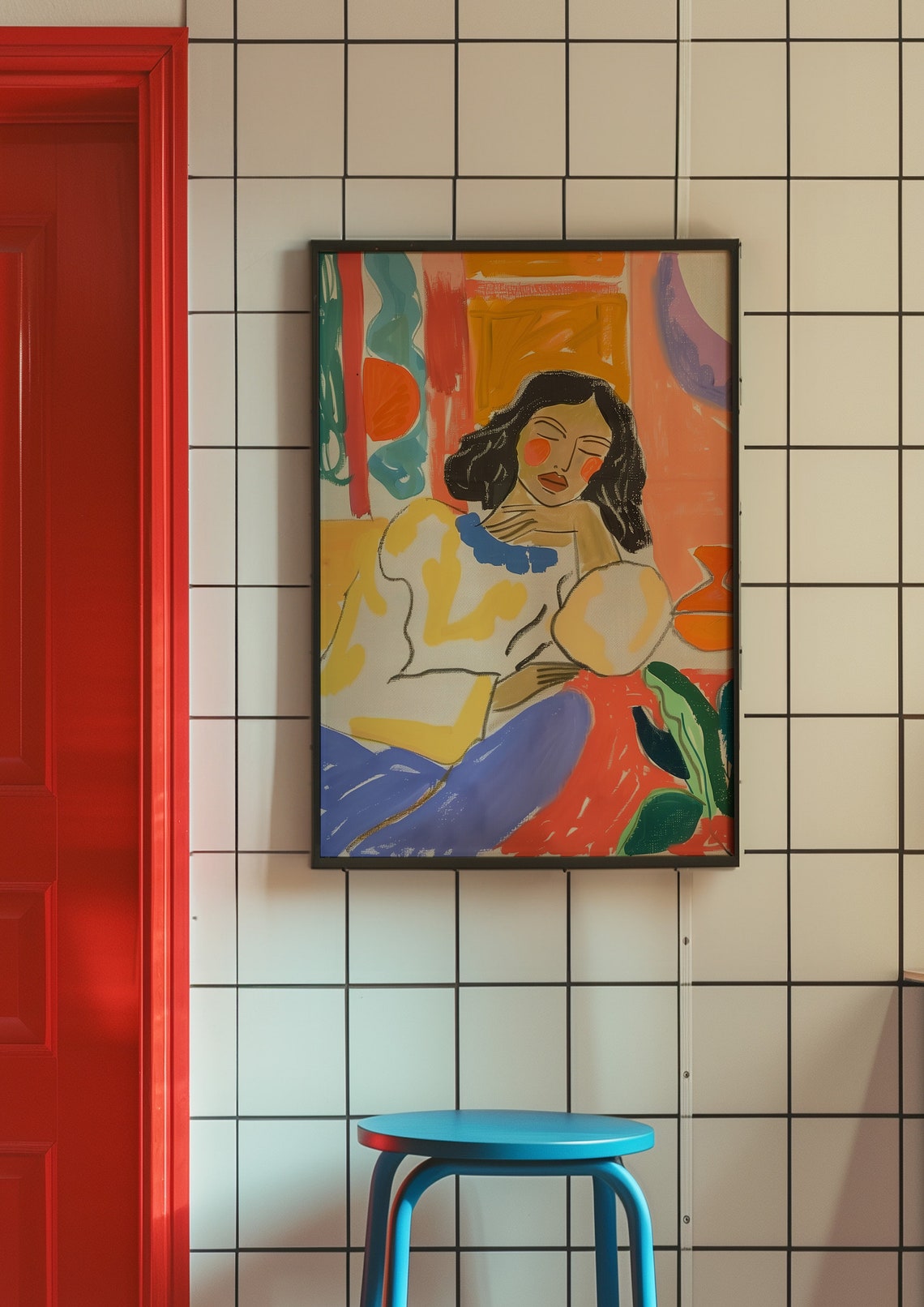 Serene Dreamy Seated Woman Surrounded by Bright Colors Poster - Image 5