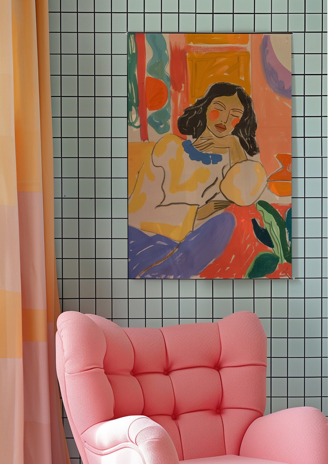 Serene Dreamy Seated Woman Surrounded by Bright Colors Poster - Image 6