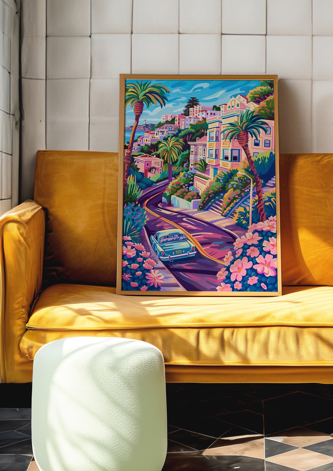 San Francisco Winding Hill Road Classic Teal Car Floral Travel Poster - Image 6