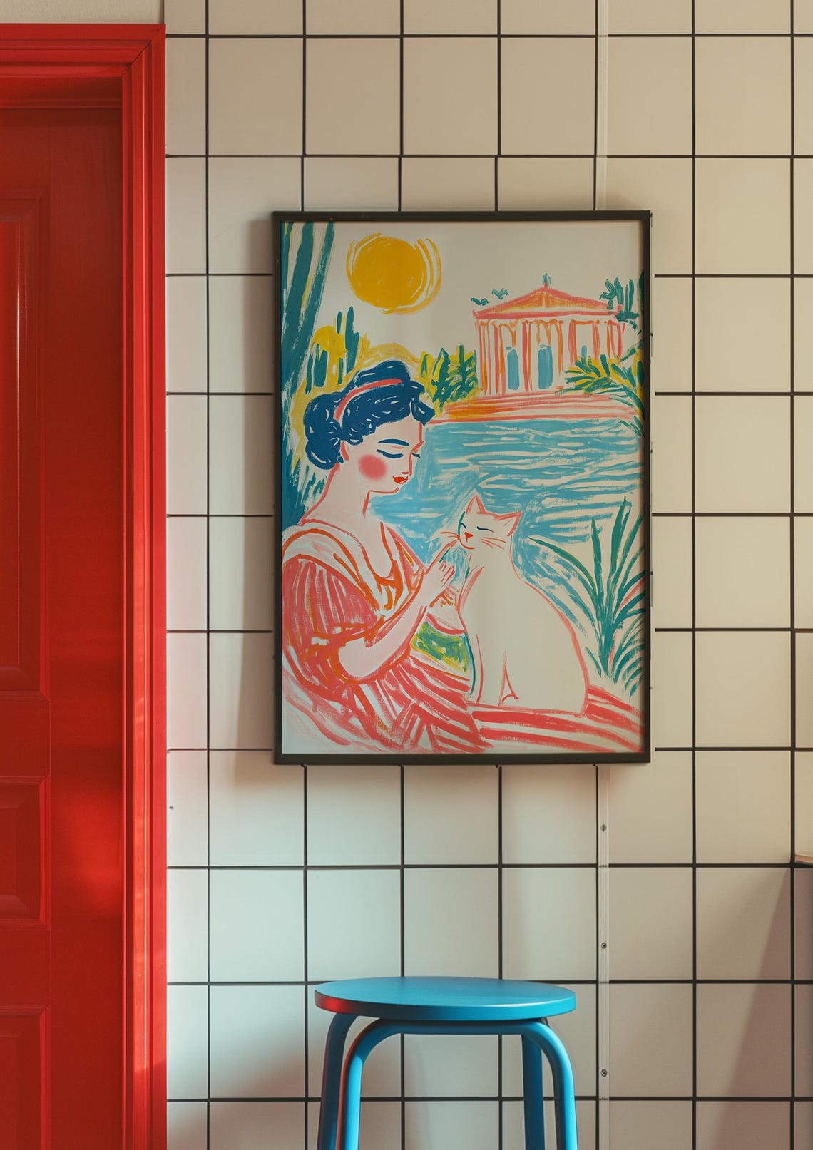 Woman With White Cat by Mediterranean Temple Sunny Illustration Poster - Image 3