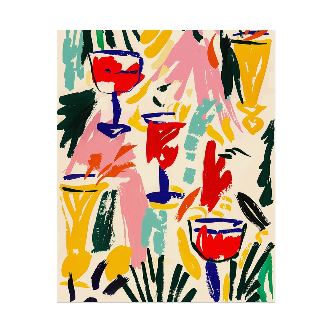 Abstract Cocktail Glasses Brushstroke Art Red Blue Yellow Bar Poster - Image 4