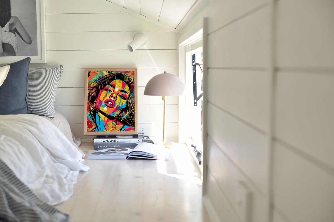 Bold Neon Woman Face Graffiti Poster With Yellow Paint Strokes - Image 5