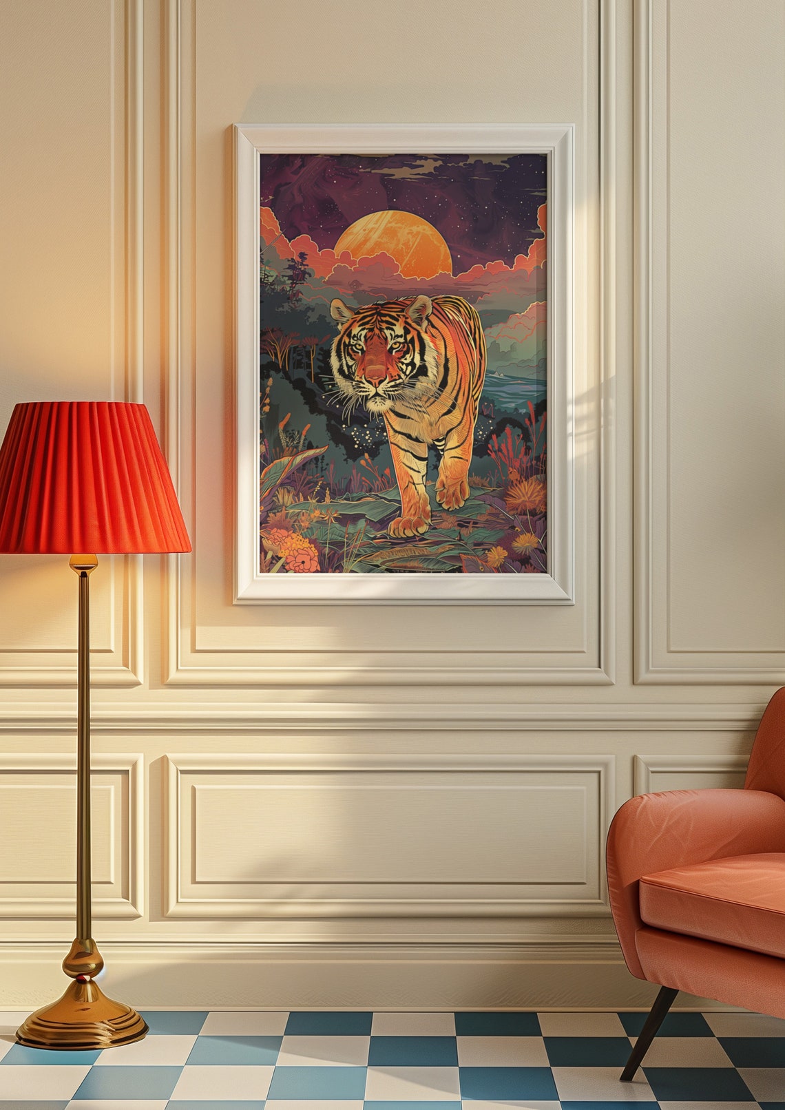 Tiger Walking Through Jungle At Sunset Poster With Golden Sun - Image 8