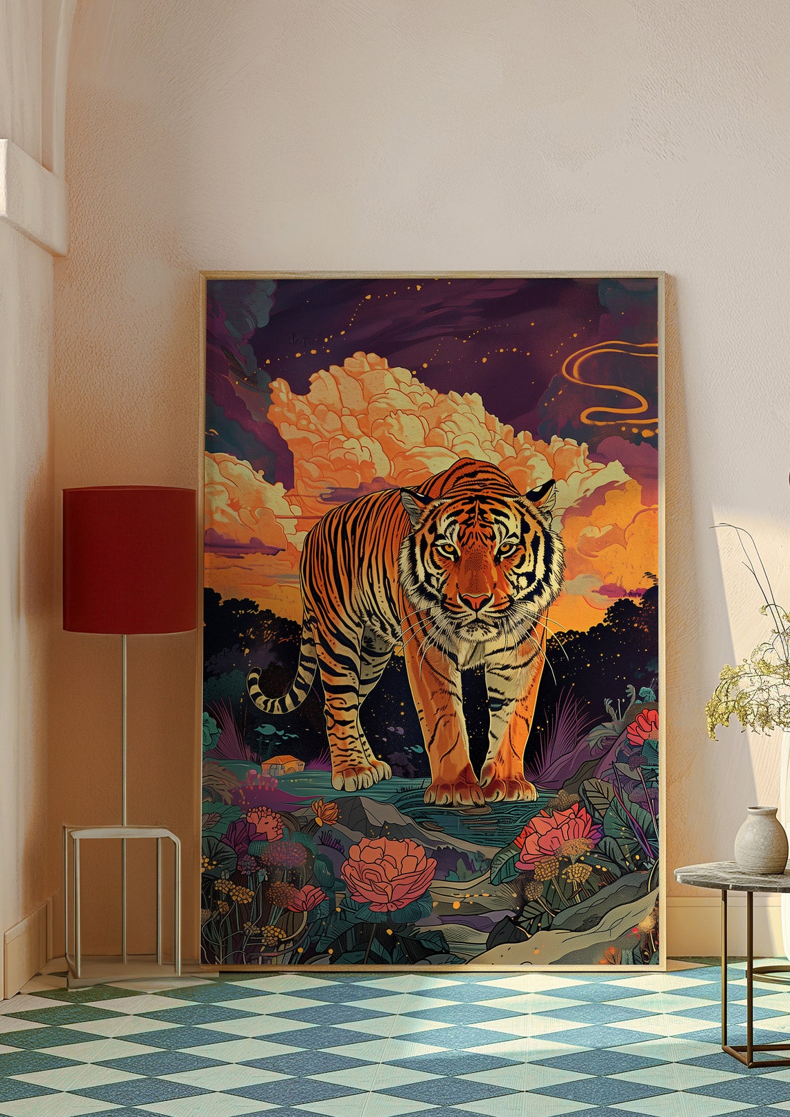 Tiger Walking Through a Vibrant Night Jungle with Flowers Poster - Image 6
