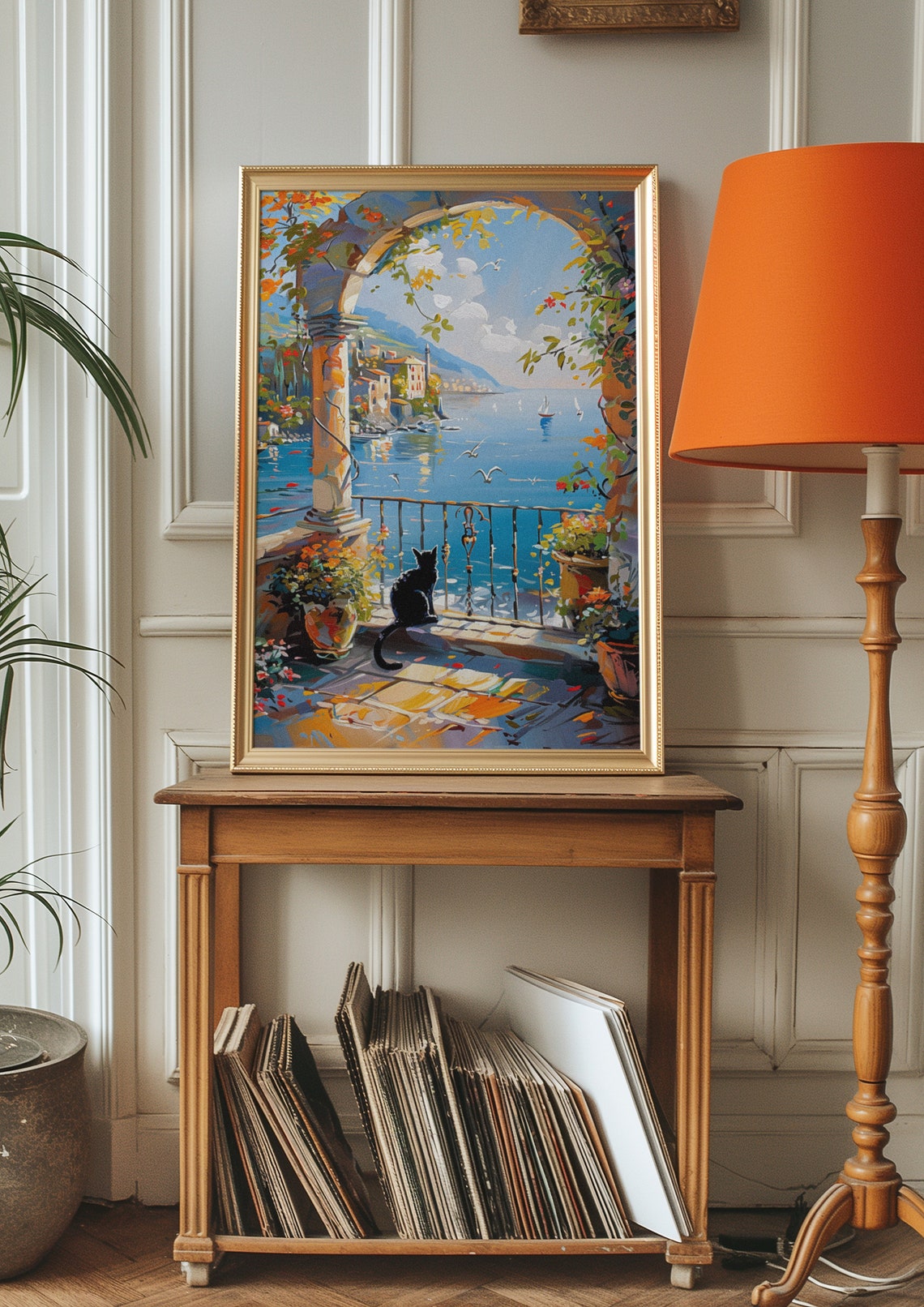 Black Cat Sitting on a Sunny Terrace Overlooking the Blue Sea Poster - Image 4