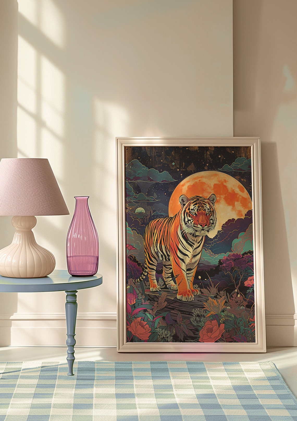 Tiger Standing Under Giant Moon Poster In Night Jungle Garden - Image 5
