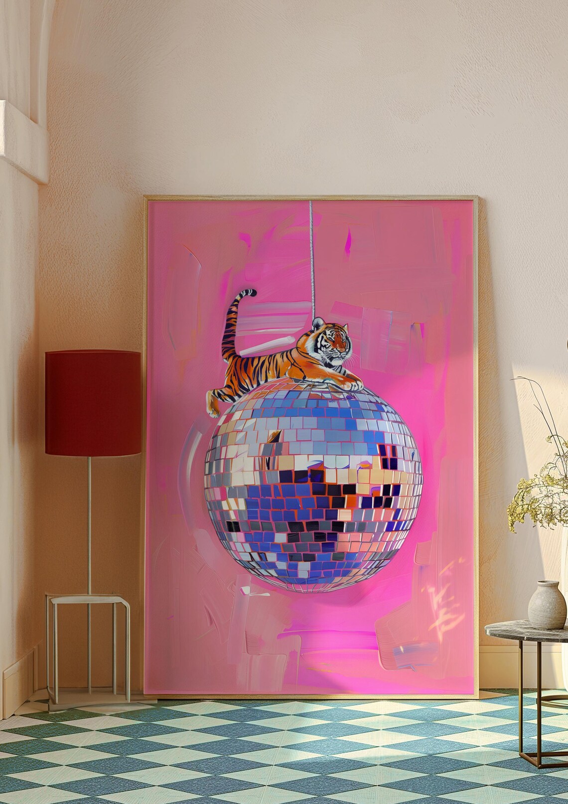 Tiger Lounging on Top of Giant Disco Ball Pink Maximalist Animal Poster - Image 6