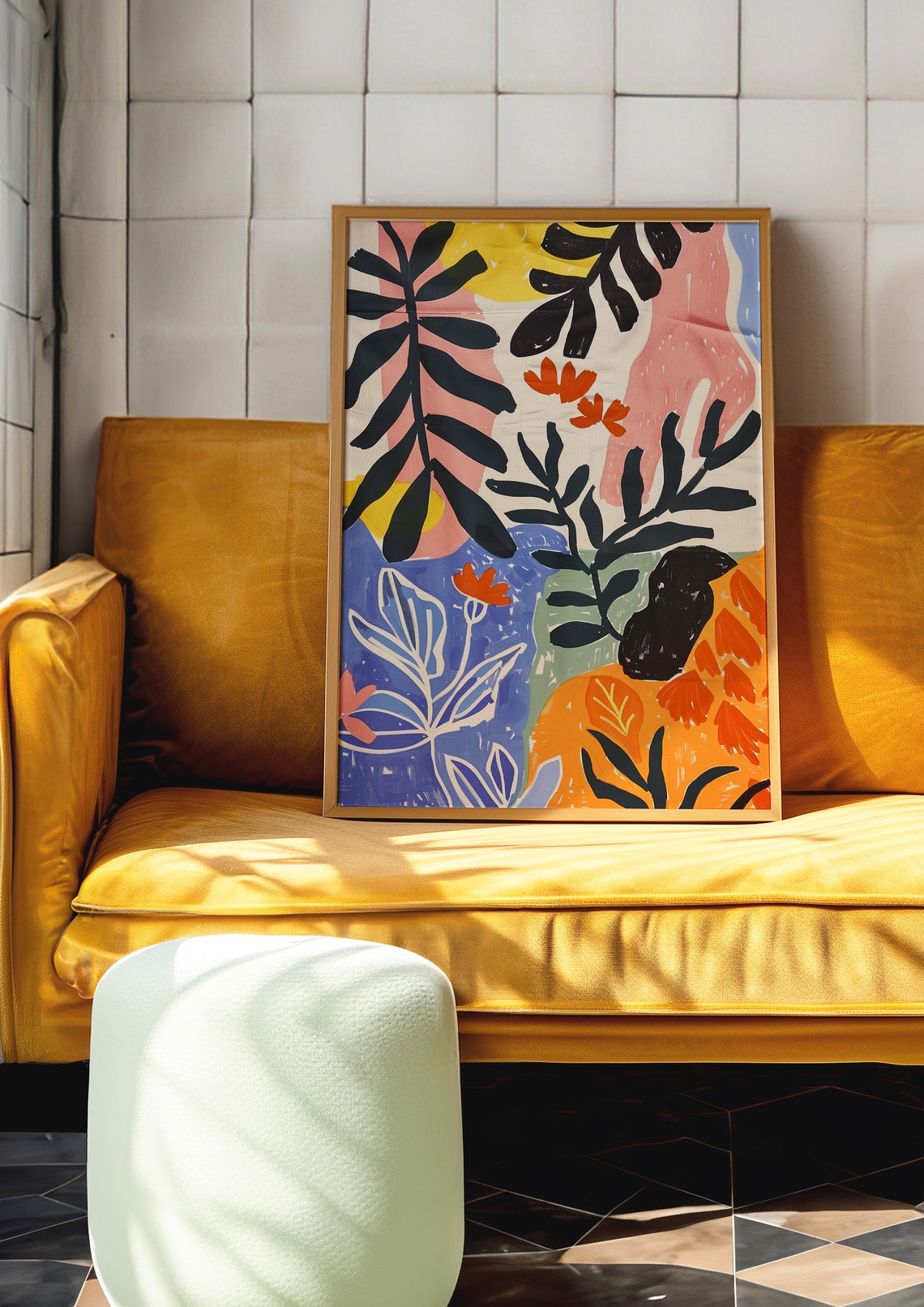 Tropical Leaves Black Fronds Orange Blooms Abstract Wall Art - Image 4