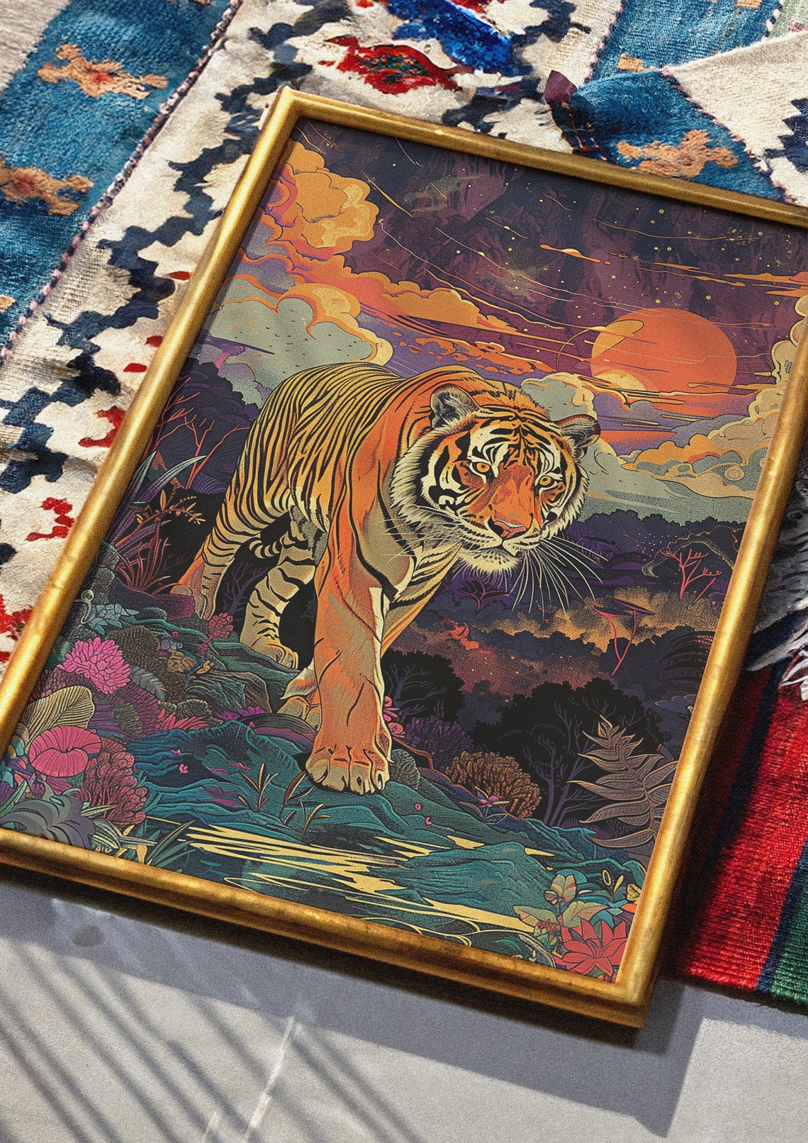 Majestic Tiger Walking Through Flowers at a Fiery Sunset Poster - Image 8