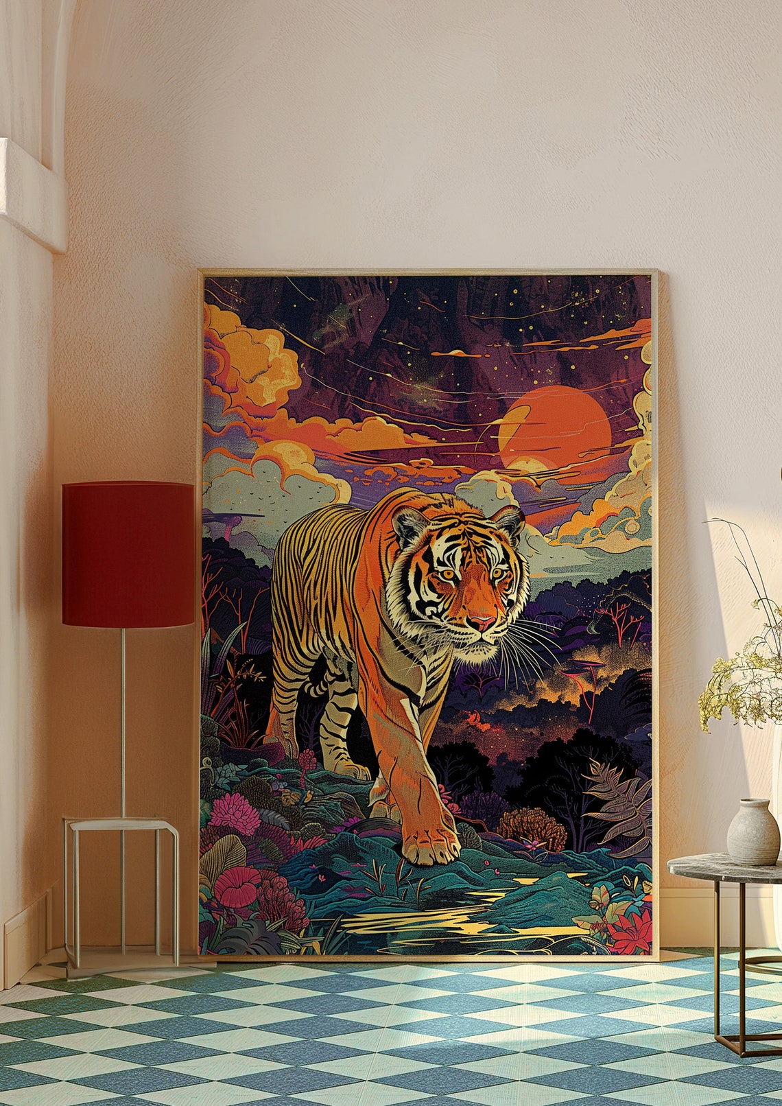 Majestic Tiger Walking Through Flowers at a Fiery Sunset Poster - Image 9