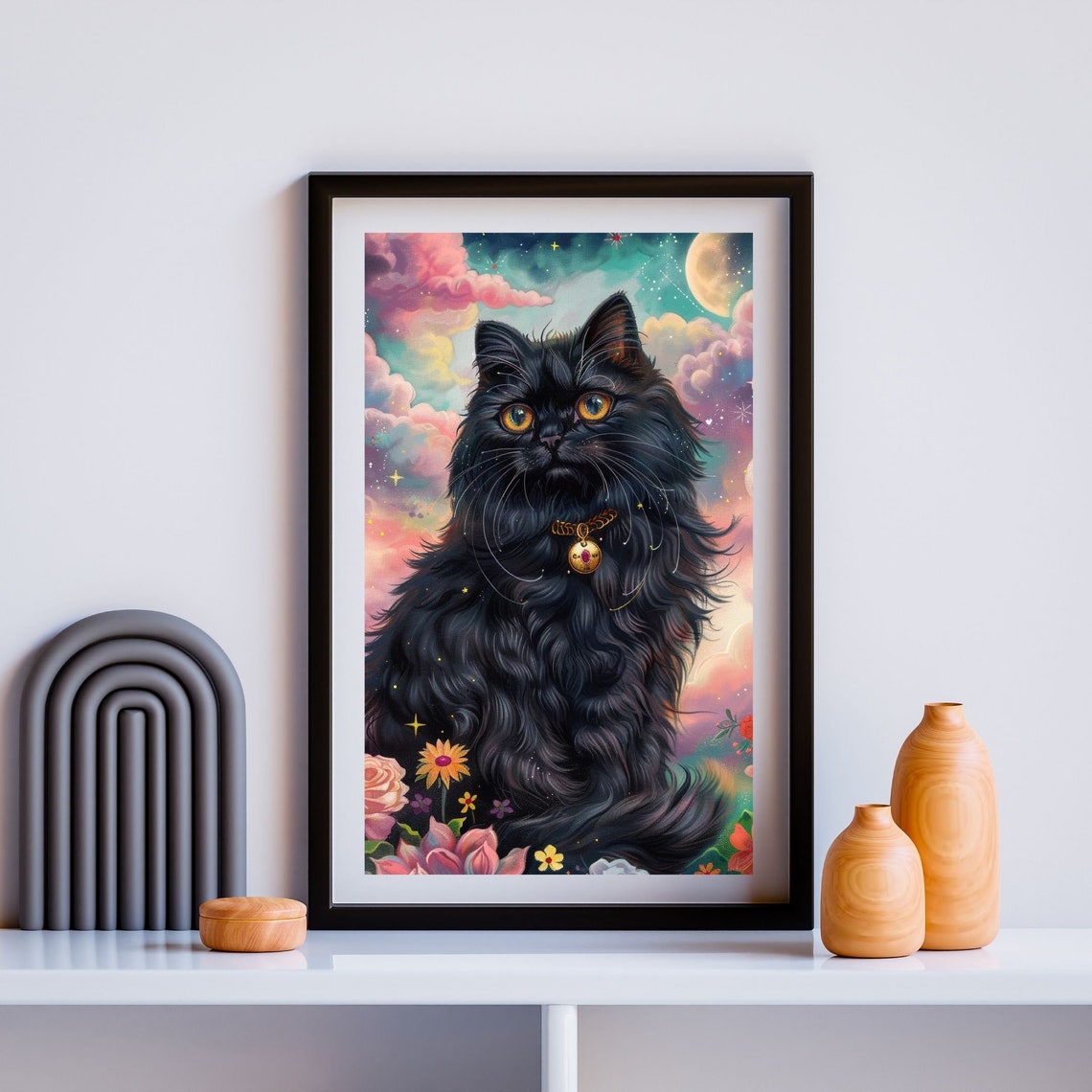Fluffy Black Cat Fantasy Poster With Golden Collar In Floral Sky - Image 3