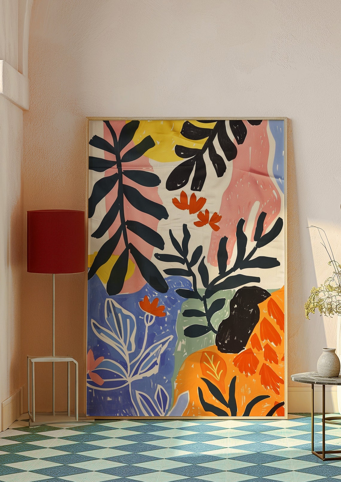 Tropical Leaves Black Fronds Orange Blooms Abstract Wall Art - Image 7