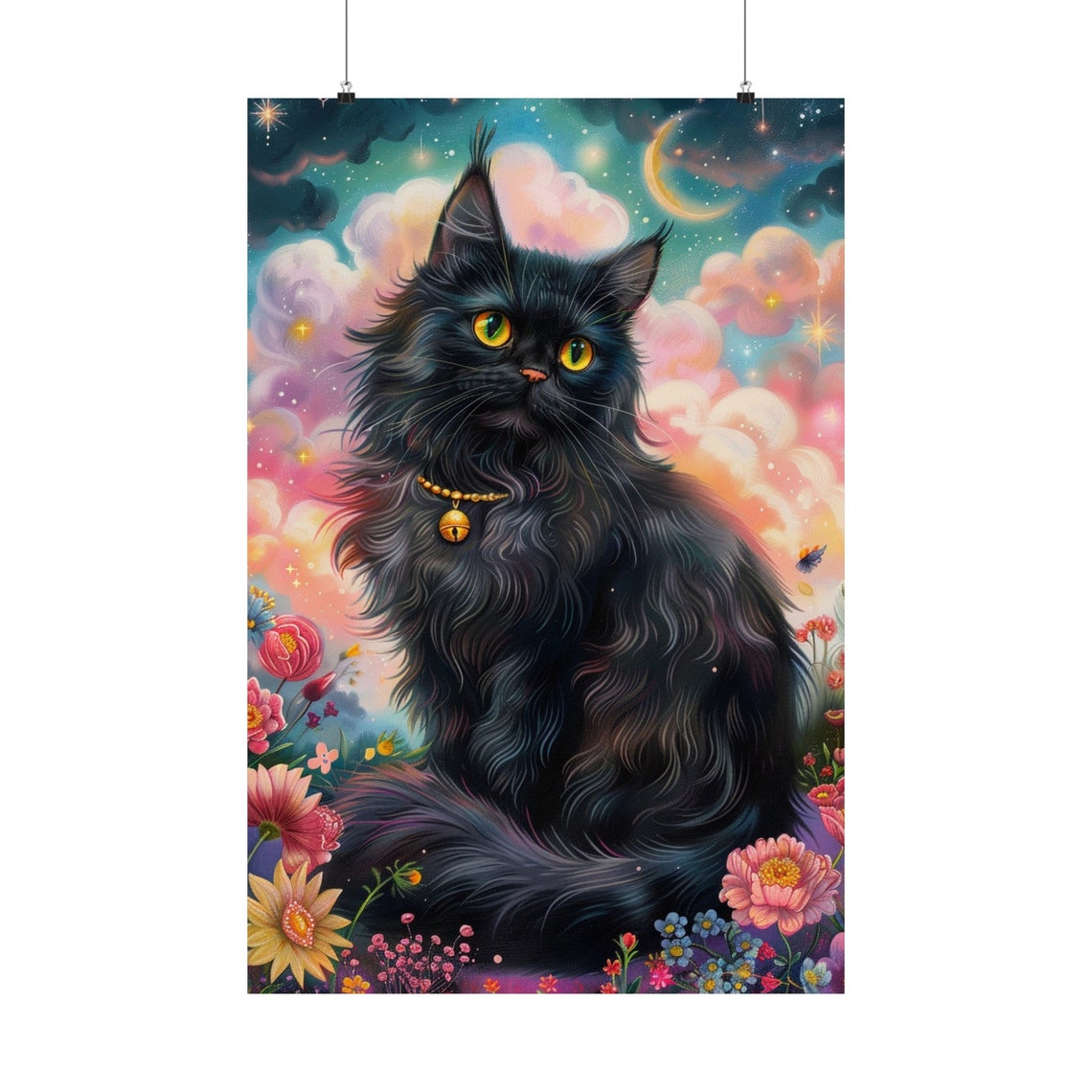 Sweet Fluffy Black Cat with Golden Eyes Among Night Flowers Poster - Image 4