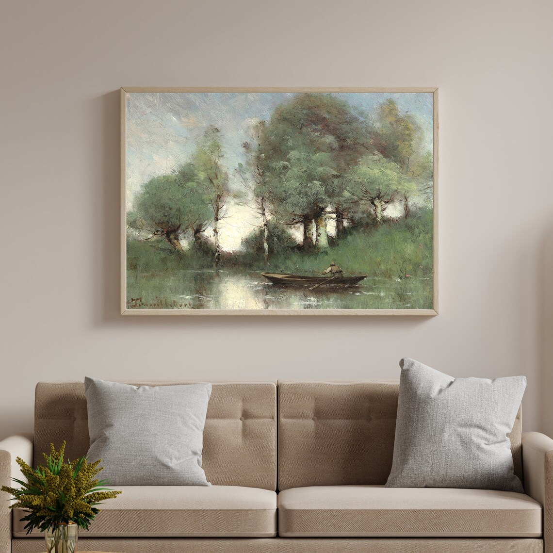 Vintage Oil Painting River Rower Wooden Boat Calm Water Art Poster - Image 2