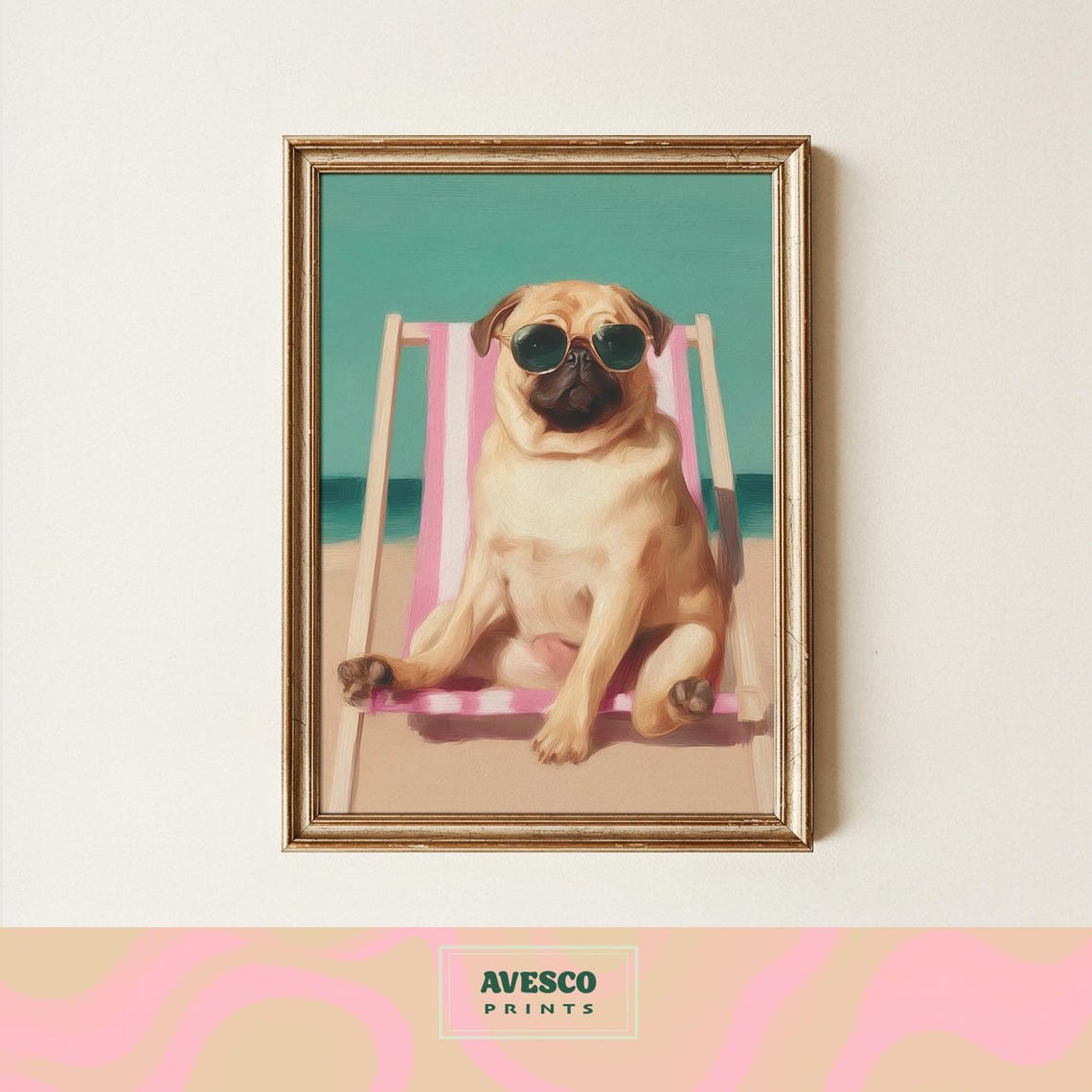 Pug Beach Day Poster Sunglasses Dog Relaxing On Pink Beach Chair