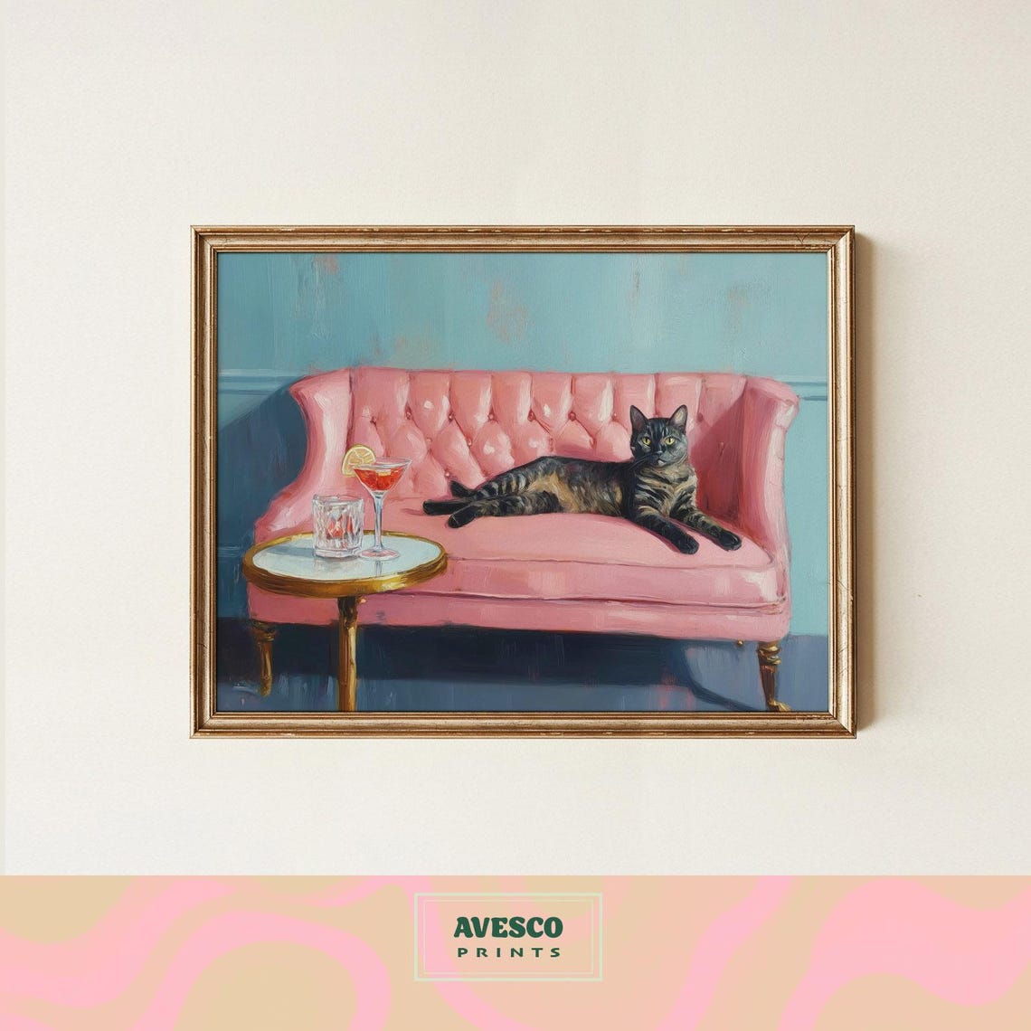 Tabby Cat Lounging On A Pink Velvet Sofa With A Cocktail Poster
