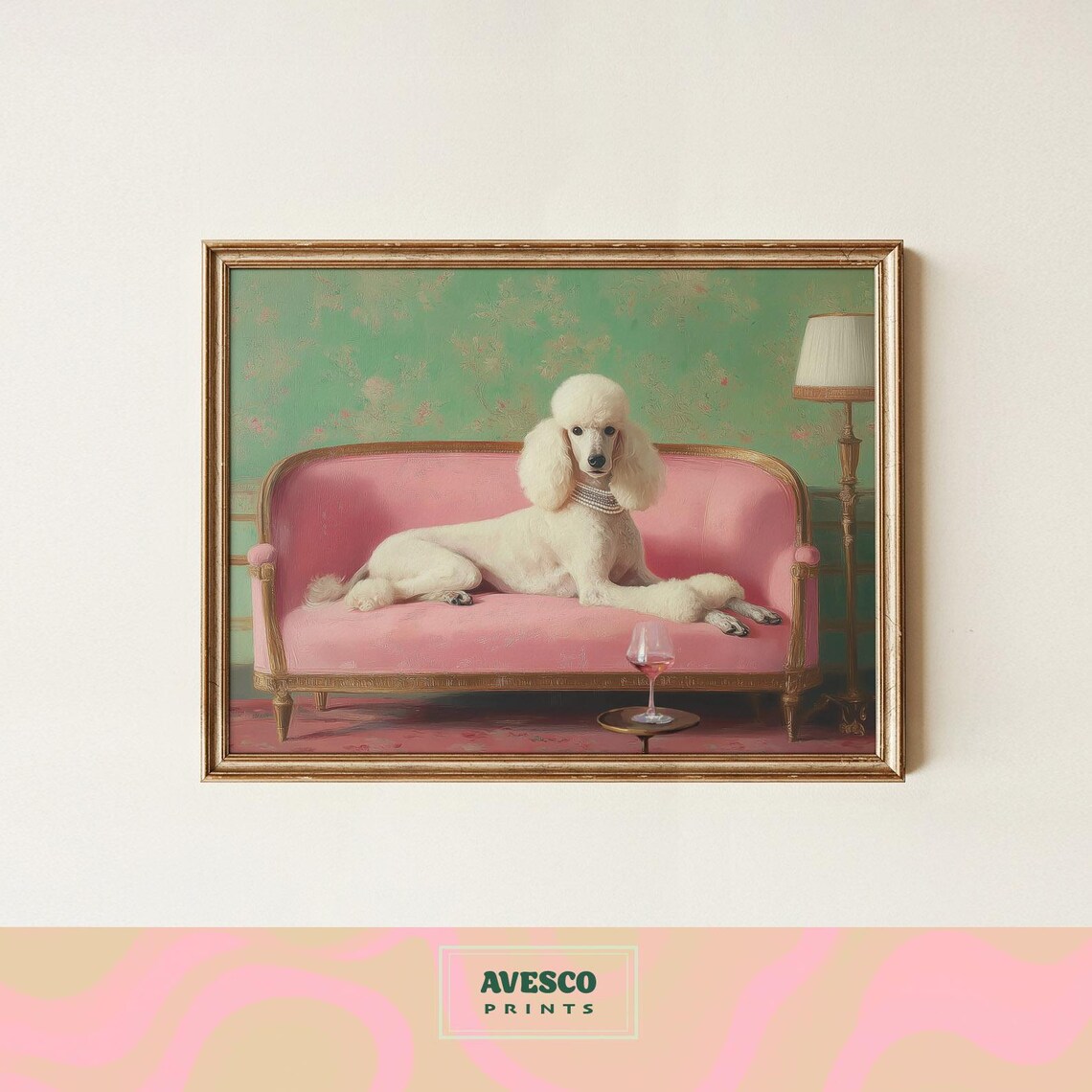 Poodle On Pink Couch Art Print, Dog Lover Decor