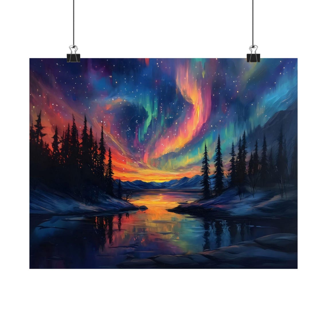 Northern Lights Over Snowy Pine Forest Lake Reflections Poster
