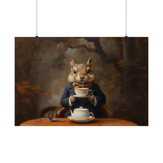 A Chipmunk For Tea Maximalist Eclectic Victorian Poster Print Bold Altered Tea Party Animal Portrait Fantasy Fun Renaissance Rustic
