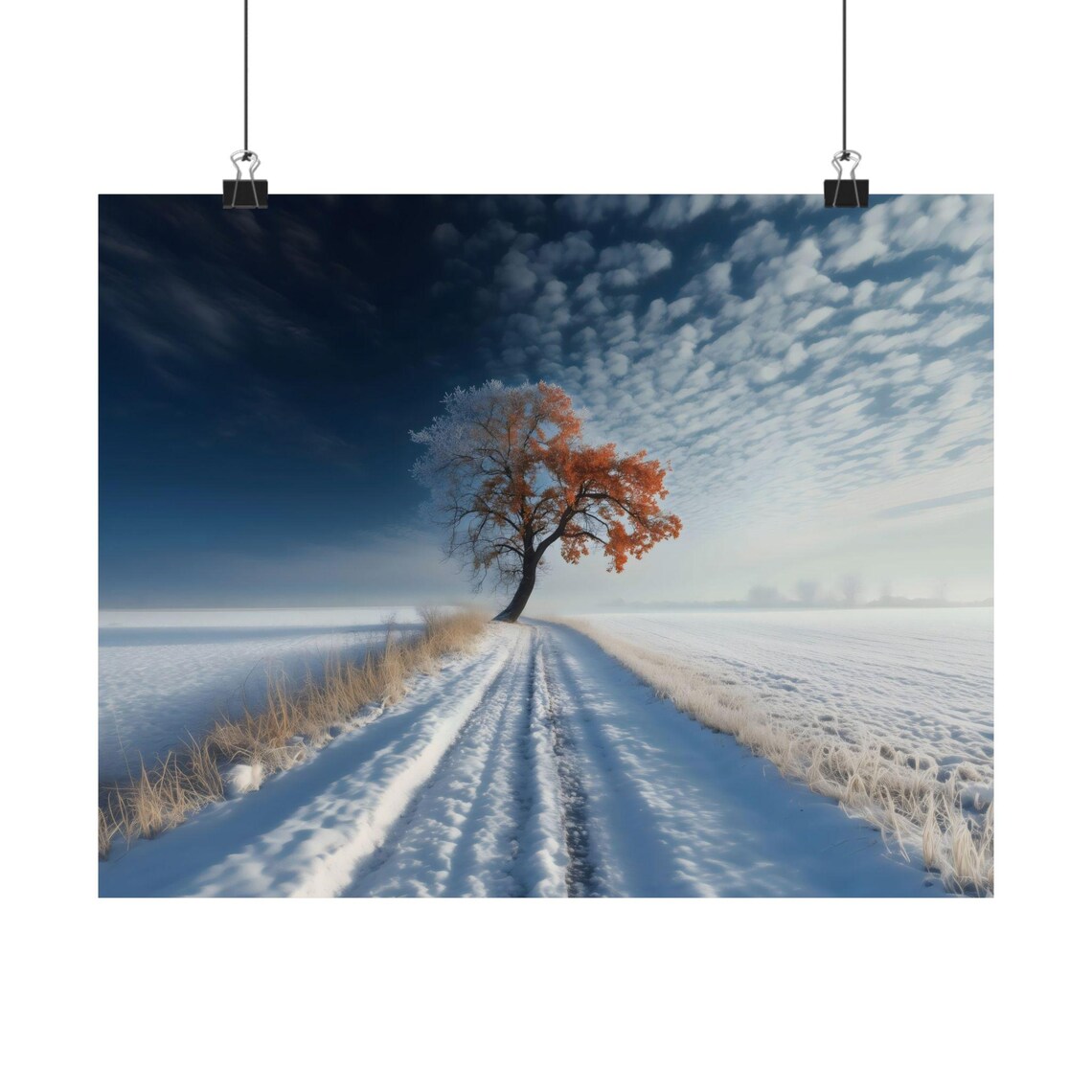 Lone Autumn Tree On Snowy Field Road Between Fall And Winter Seasons Poster