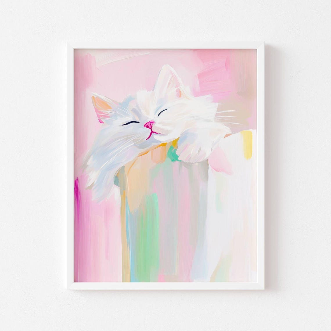 Sleepy White Cat Peeking Over Edge In Soft Pastel Kitty Poster