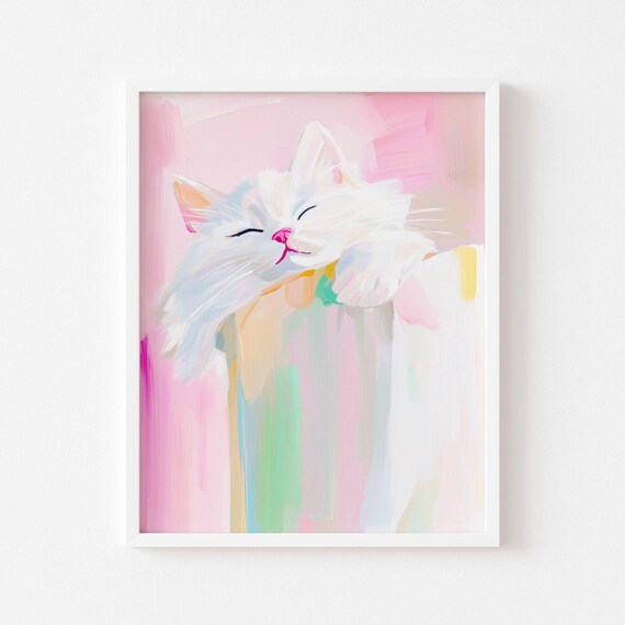 Sleepy White Cat Peeking Over Edge In Soft Pastel Kitty Poster