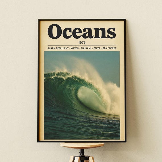 Ocean Waves Poster, Retro Surf Vintage Photography