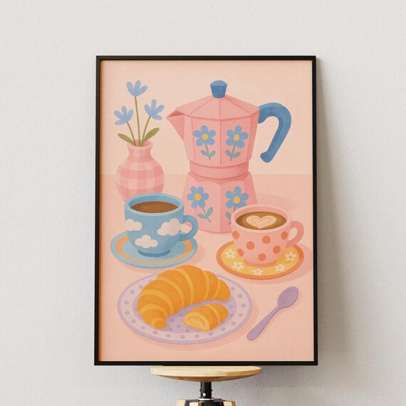 Cute Coffee And Croissant, Kawaii Kitchen Art