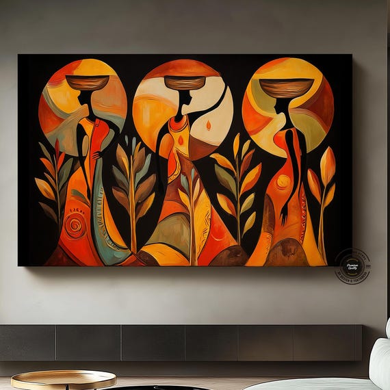 Modern Minimalist Style Representation Of African Motif Arts Peasant Women Farming And Fetching Water Canvas Wall Art
