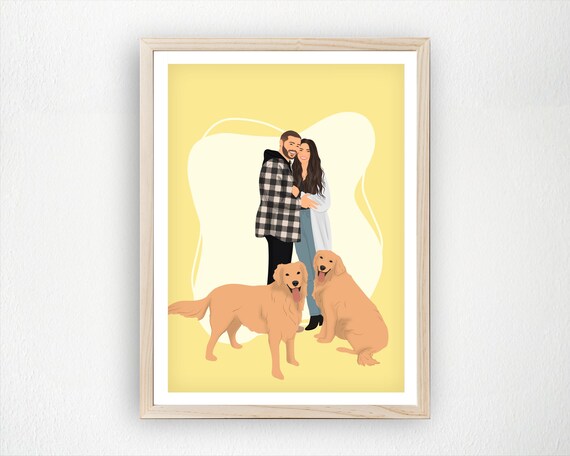 Custom Couple And Dog Portrait Personalized Pet Family Illustration Gift For Lovers Anniversary Or Home Decor