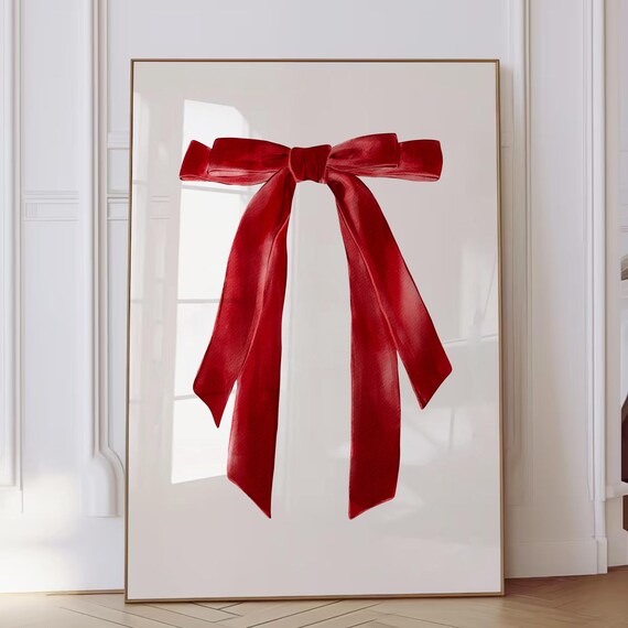 Red Ribbon Bow Watercolor Illustration Minimalist Coquette Wall Art
